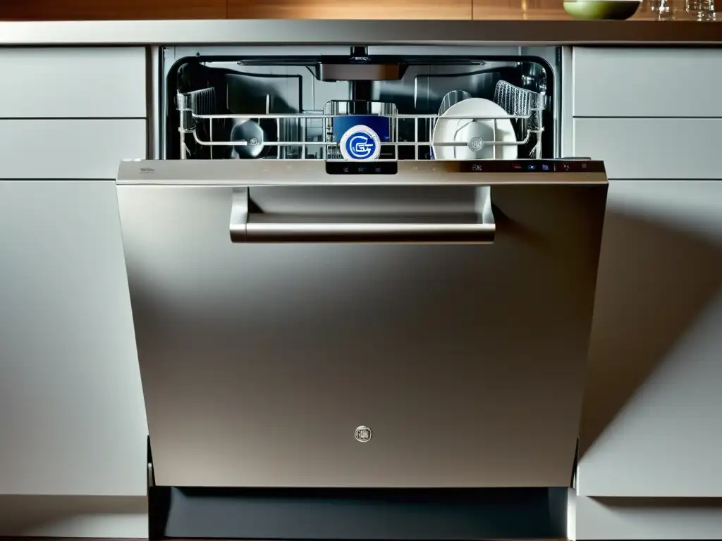 GE Profile: Lavavajillas moderno en cocina de lujo Un lavavajillas silencioso GE Profile en una lujosa cocina, con panel de control y vajilla impecable