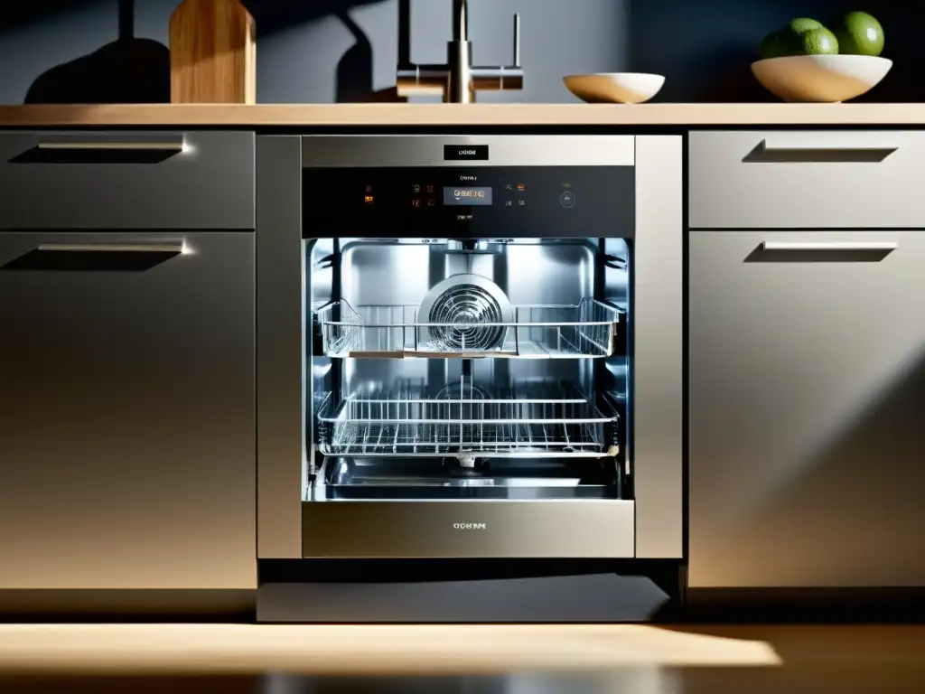 Lavavajillas moderno y eficiente: diseño elegante en acero inoxidable Lavavajillas silenciosos y ecoeficientes en una cocina moderna y elegante, con acabado de acero inoxidable y controles táctiles LED