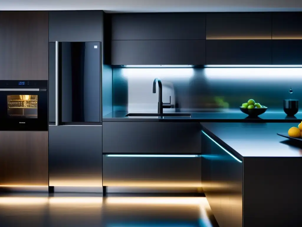 Un lavavajillas ultrarrápido integrado en una cocina moderna de alta tecnología con ambiente futurista y controles de hogar inteligente