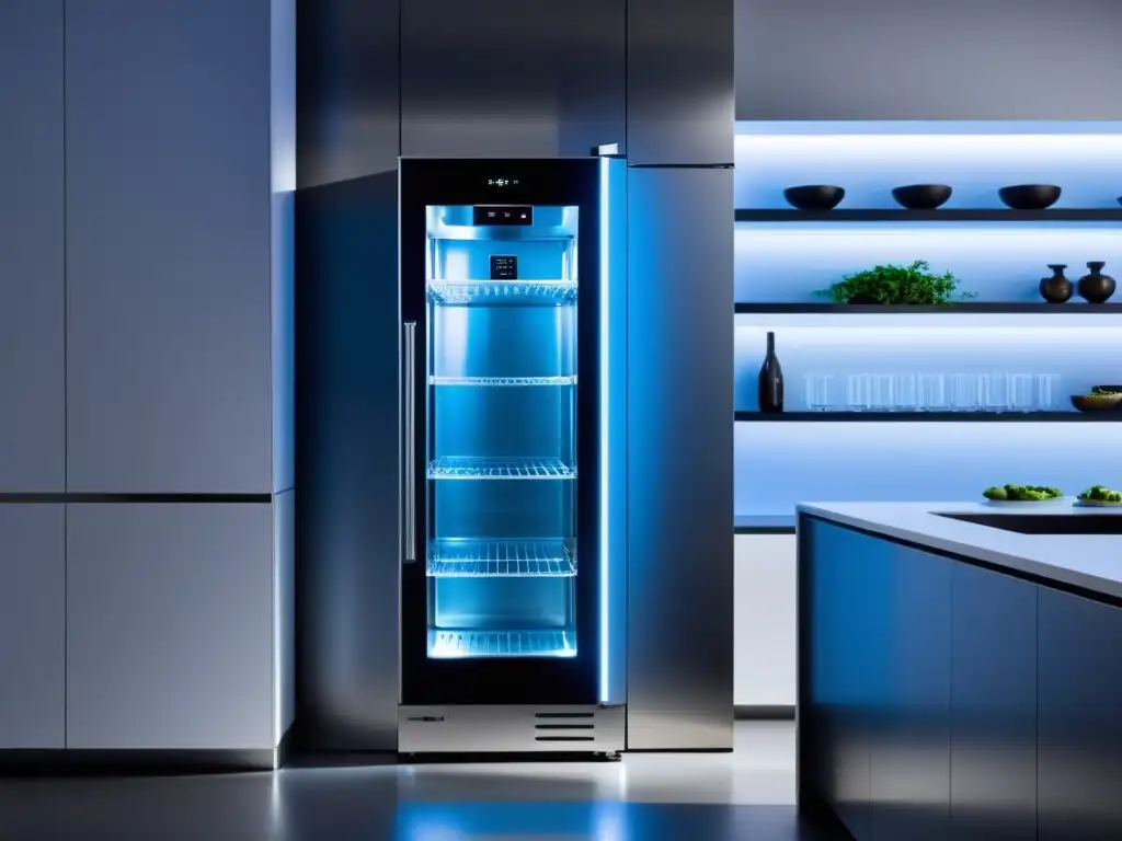 Un lavavajillas ultrarrápido y moderno con tecnología avanzada, iluminación LED azul y panel de control futurista