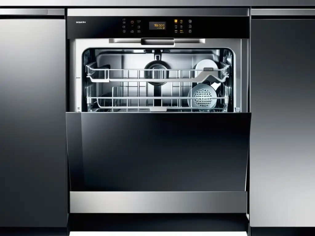 Un lavavajillas ultrarrápido con tecnología avanzada, integrado perfectamente en un hogar moderno con diseño elegante y minimalista