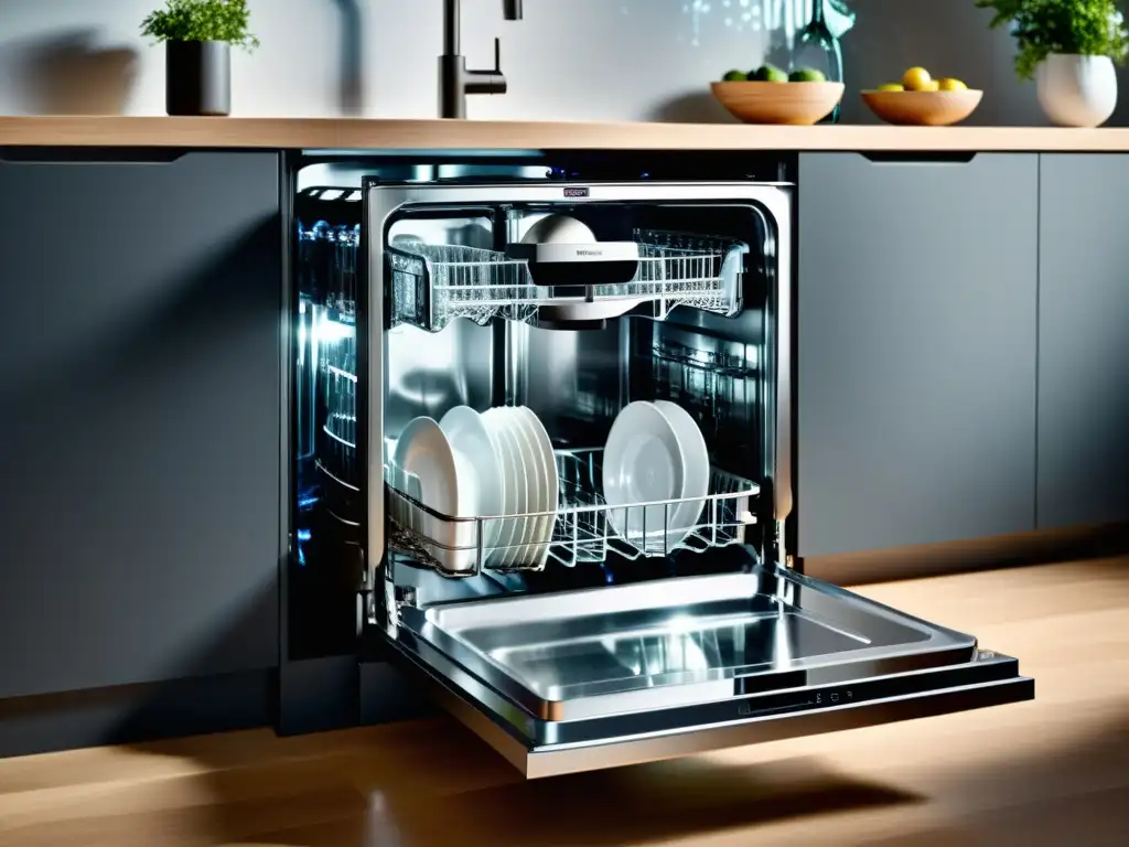 Lavavajillas ultrarrápidos con tecnología avanzada y diseño futurista, iluminado con luces LED suaves y panel de control digital