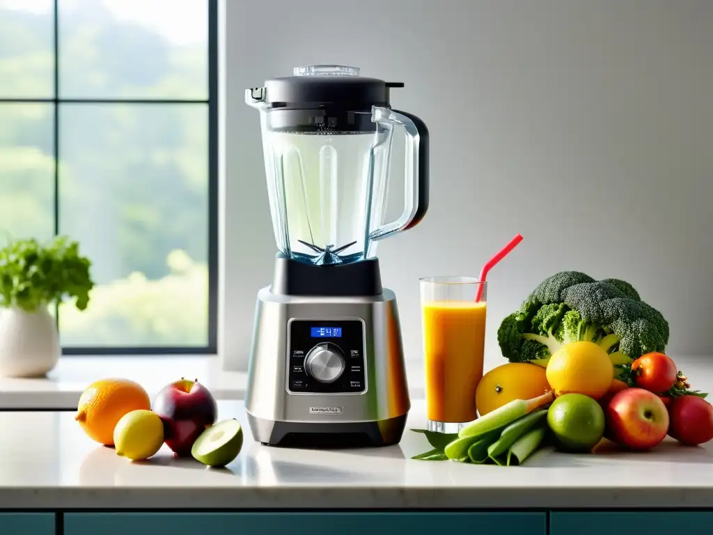 Batidora de acero inoxidable con frutas y verduras frescas Una licuadora de acero inoxidable de alto rendimiento rodeada de frutas y verduras frescas en una encantadora cocina