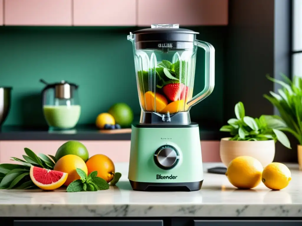 Blender personalizado con diseño moderno y vibrante Una licuadora personalizada con diseño moderno en base negro mate y patrón geométrico de colores pastel