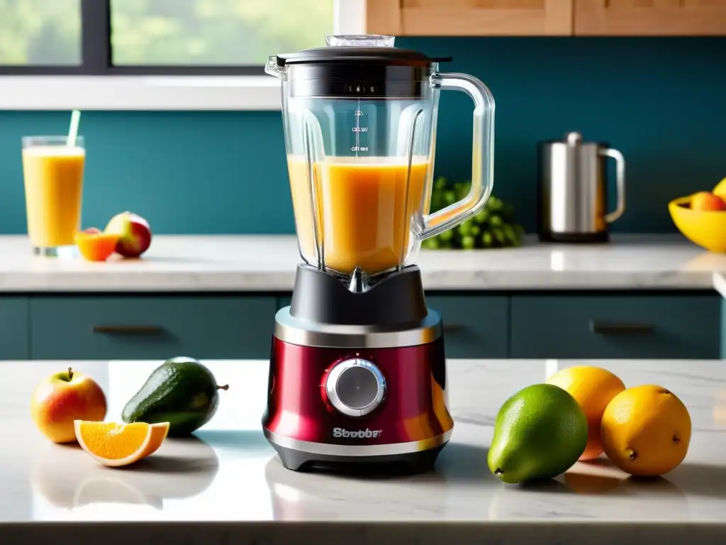 Batidora tradicional moderna con smoothie de frutas vibrante Una licuadora tradicional moderna con vaso de vidrio transparente rebosante de smoothie de frutas