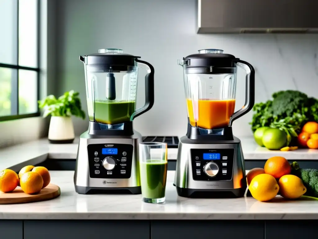 Batidoras de cocina: tradición y modernidad en un solo lugar Dos licuadoras: una clásica y otra de alta gama, rodeadas de frutas y verduras frescas en una cocina moderna