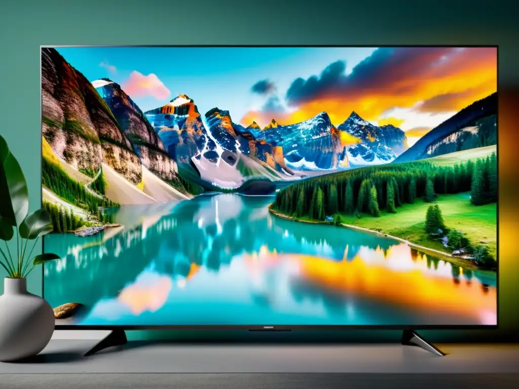 TV 8k UltraHD: Naturaleza vibrante y lujo moderno Invertir en Smart TV de lujo: Una imagen lujosa y sofisticada de un televisor 8K UltraHD montado en la pared, rodeado de iluminación ambiental que resalta su pantalla vibrante y sus bordes delgados, mostrando una escena natural impresionante con colores vívidos y detalle real