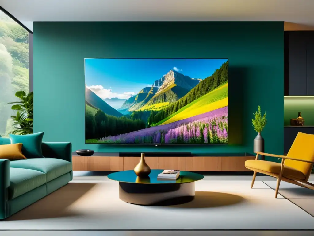 Sala de estar de lujo con TV Smart de ultra alta definición Invertir en Smart TV de lujo en un moderno salón con elegante diseño minimalista y una pantalla deslumbrante de naturaleza realista en 8k