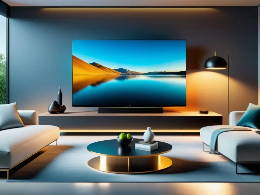 Sala de estar moderna con TV ultralujosa 8K Invertir en Smart TV de lujo: Sala de estar moderna con TV de última generación y ambiente lujoso y acogedor