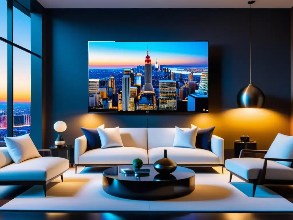 Sala de estar de lujo con TV 8K y vista nocturna de la ciudad Invertir en Smart TV de lujo: Sala de estar moderna con TV 8K montada en la pared, mostrando una vibrante ciudad de noche