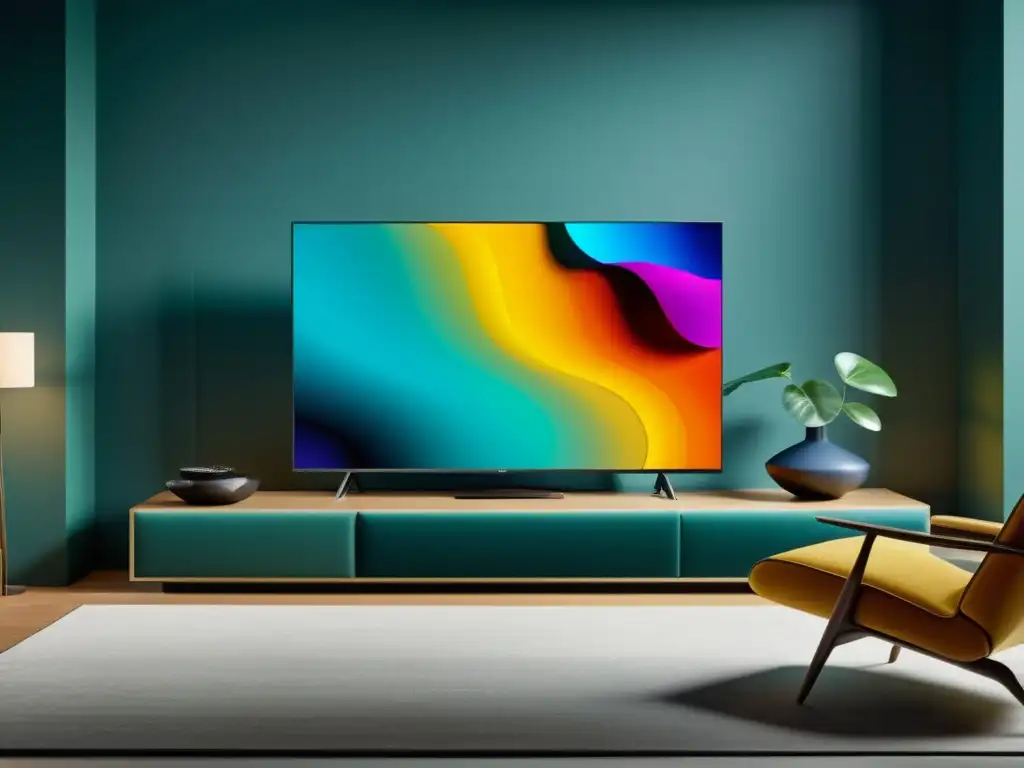 Comparativa de televisores de lujo 8K en sala moderna Invertir en Smart TV de lujo: Comparación de TVs de alta gama en una sala elegante con tecnología avanzada y colores vibrantes
