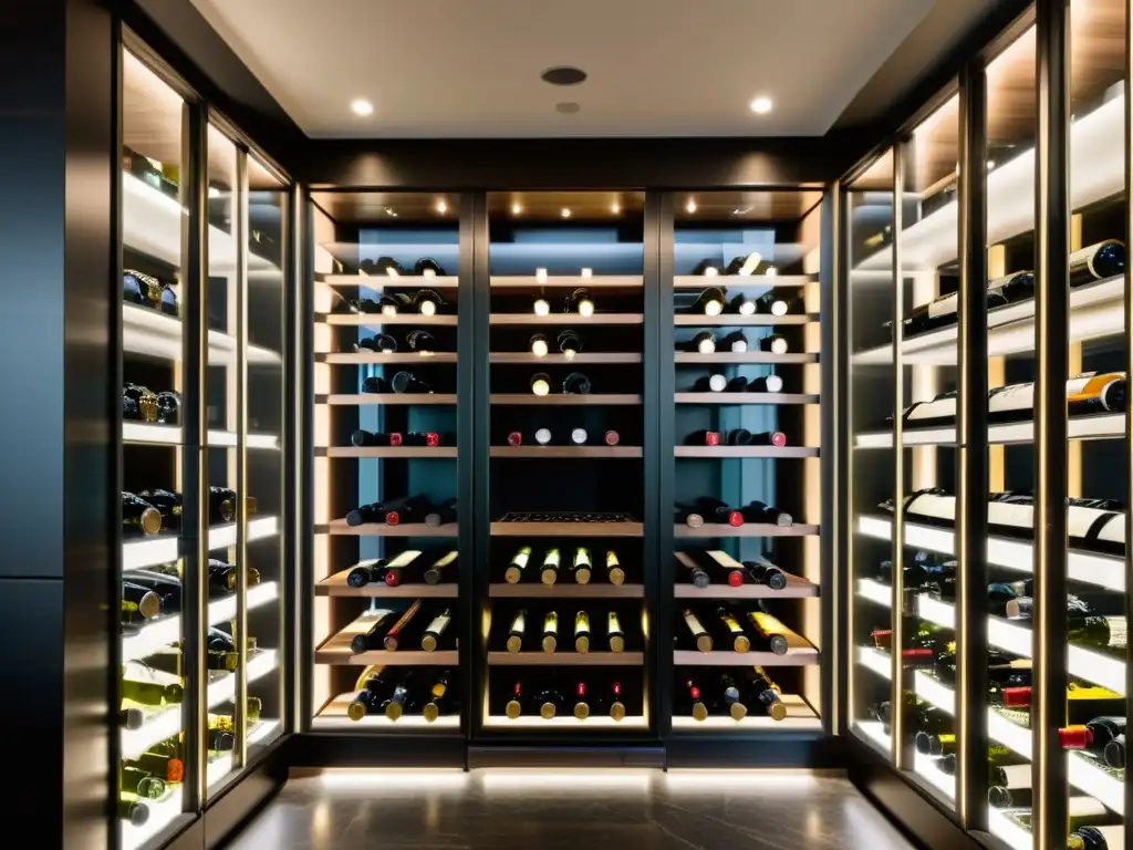 Vinoteca moderna con botellas premium y elegante iluminación LED Una lujosa bodega de vinos con estantes de metal minimalistas que exhiben las mejores cavas vinos alta gama, iluminados por cálida luz LED