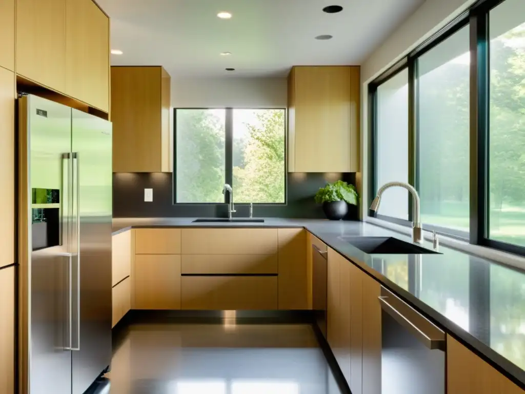 Cocina de lujo con electrodomésticos de acero inoxidable y encimeras de granito Una lujosa cocina moderna con electrodomésticos de acero inoxidable y encimeras de granito, bañada por luz natural