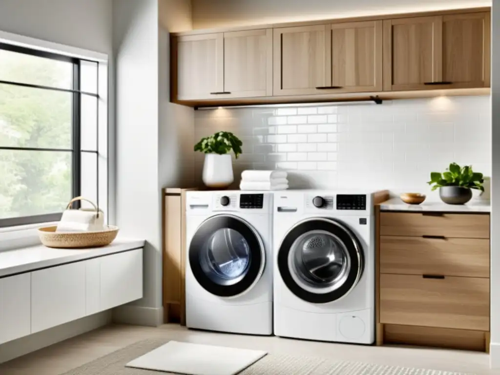 Lavandería de lujo con lavadora y secadora inteligentes Una lujosa lavadora y secadora inteligente en un espacioso y luminoso cuarto de lavado con electrodomésticos integrados y tecnología de punta
