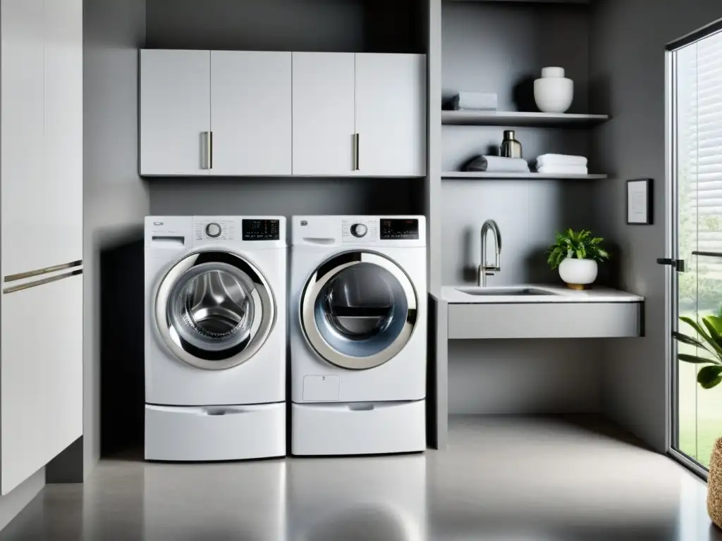 Una lujosa lavadora y secadora premium con tecnología avanzada en un elegante y espacioso cuarto de lavado
