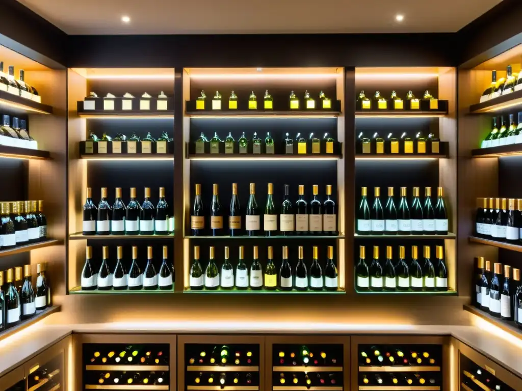 Cava de vinos de alta gama: Exclusiva elegancia Exhibición lujosa de las mejores cavas vinos alta gama en moderna bodega, con iluminación LED cálida destacando las etiquetas sofisticadas