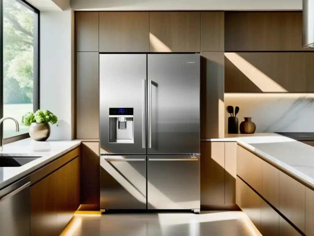Un lujoso refrigerador de acero inoxidable en una cocina espaciosa y moderna con electrodomésticos duraderos para hogar