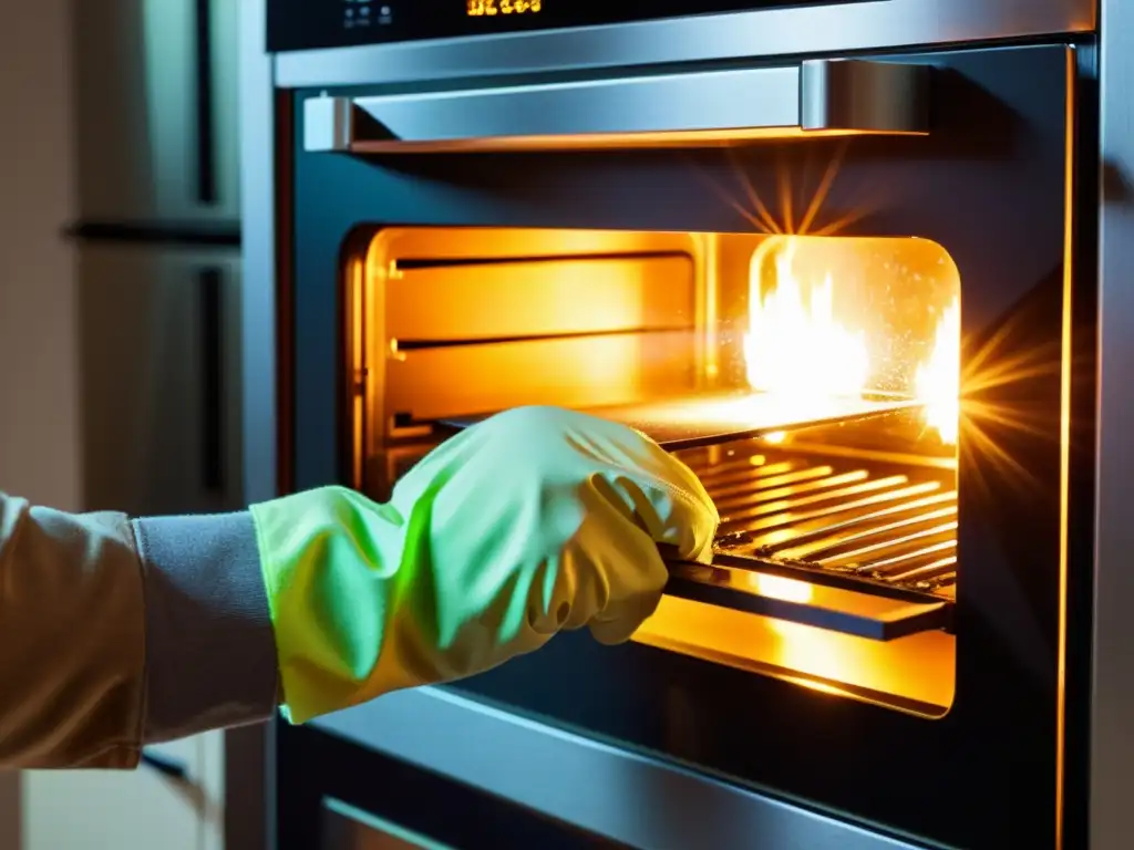 Mano segura: extracción de vidrio de horno Cambiando la luz interior del horno con seguridad, iluminado por la suave luz del horno