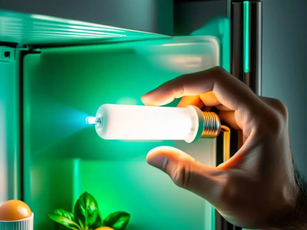 Sustitución de bombilla LED en refrigerador: fácil y brillante Mano reemplazando una bombilla LED en la nevera, con luz brillante