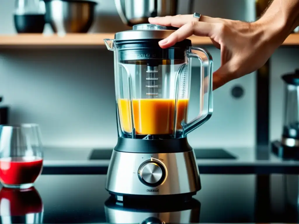Activando la potencia: un toque de precisión y elegancia en la cocina Mano presionando el botón de encendido de una batidora moderna de acero inoxidable con jarra de plástico transparente