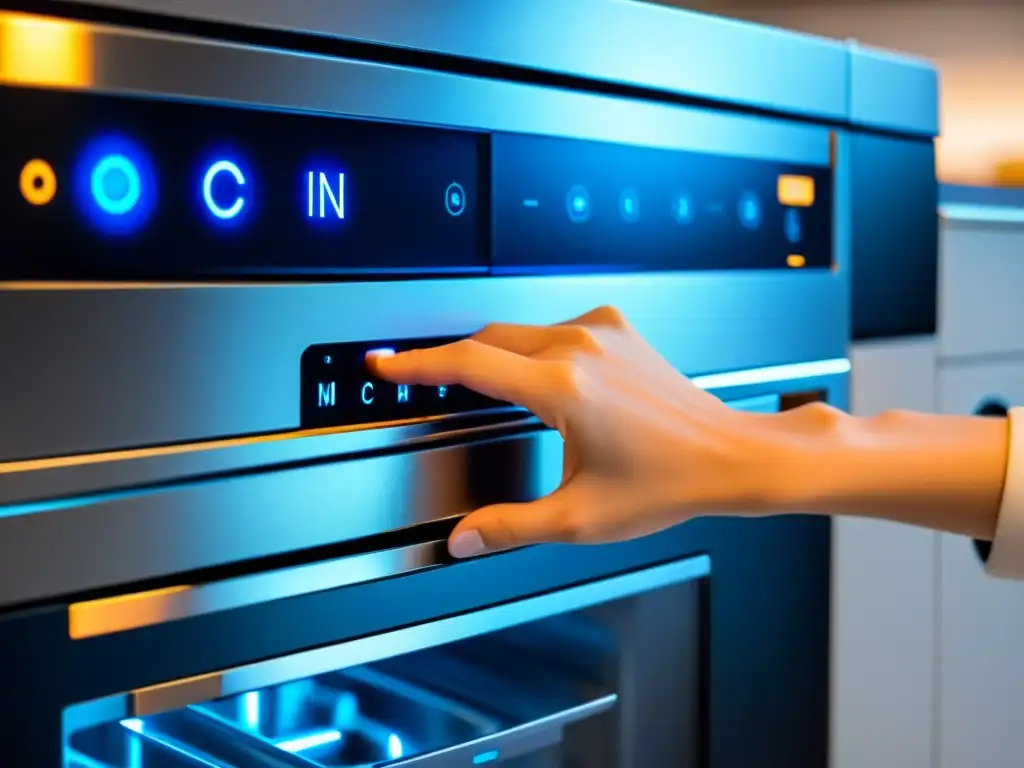 Mano presionando el botón de inicio en panel de control de lavavajillas moderno, con diseño futurista y sensación de eficiencia