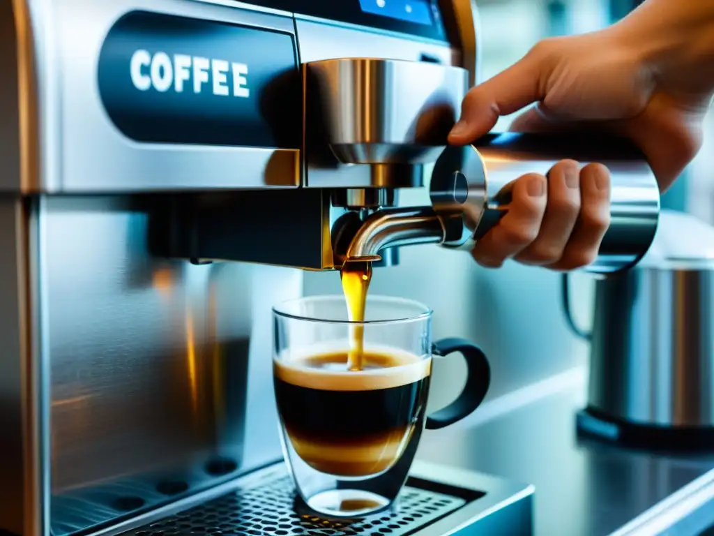 Descalcificación de cafetera: Disolución del sarro con elegancia Mano descalcificando cafetera exprés, realzando sabor del café con líquido vibrante y moderno