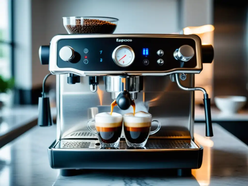 Espresso machine elegante en mano: sofisticación y precisión Mano sostiene cafetera exprés moderna con vapor, fondo cocina minimalista