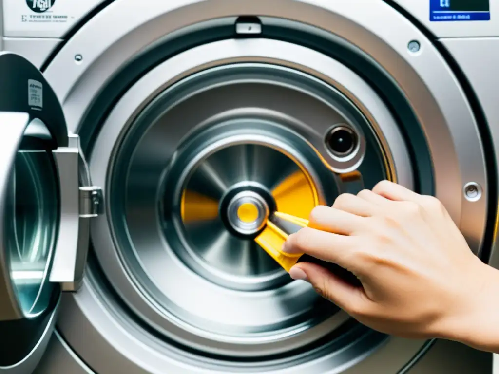 Inspección detallada de lavadora para prevenir errores E2 y E4 Mano inspecciona minuciosamente componentes internos lavadora, previniendo Errores E2 y E4