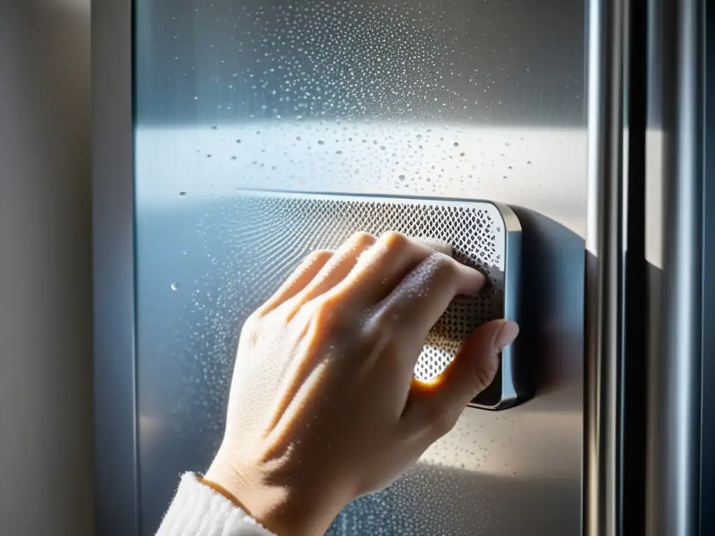 Limpieza minuciosa de refrigerador: cuidado y brillo Mano cuidadosa limpia las bobinas de un refrigerador, reflejando el mantenimiento necesario para prolongar su vida útil