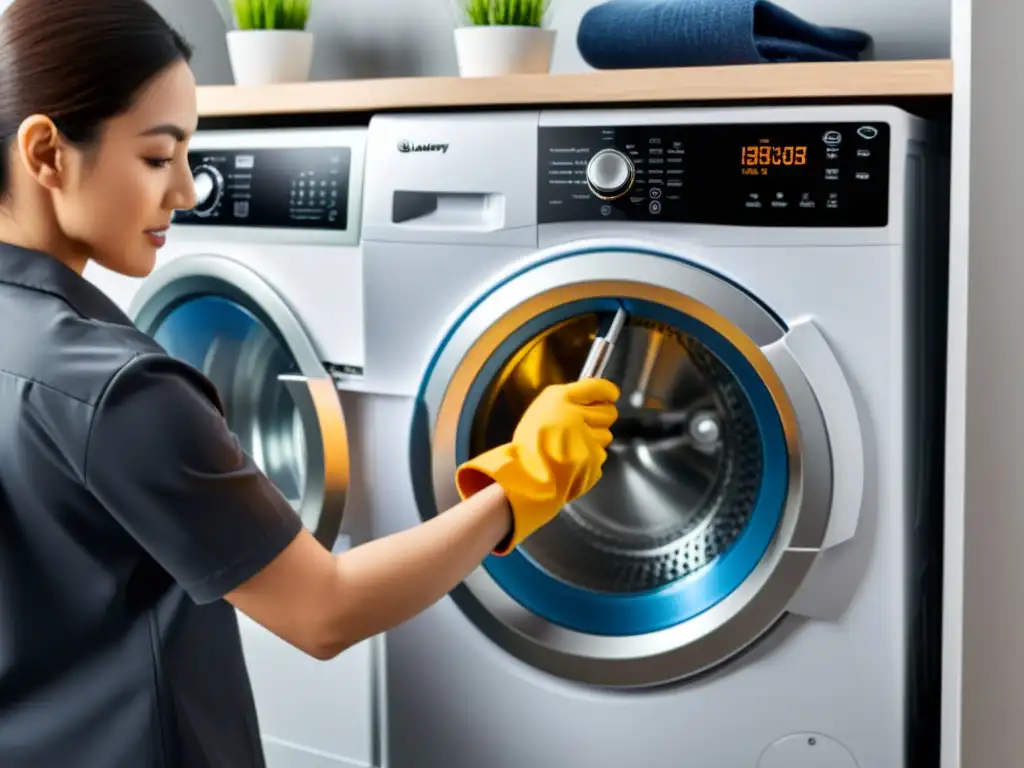 Experto reparando lavadora: desmontaje preciso con destornillador Con determinación, una mano sostiene un destornillador para solucionar el error E2 de una lavadora, en un ambiente profesional y acogedor