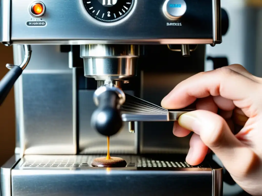 Descalcificación precisa de máquina de café Mano detallada descalcificando cafetera exprés, revelando belleza del metal bajo la cal