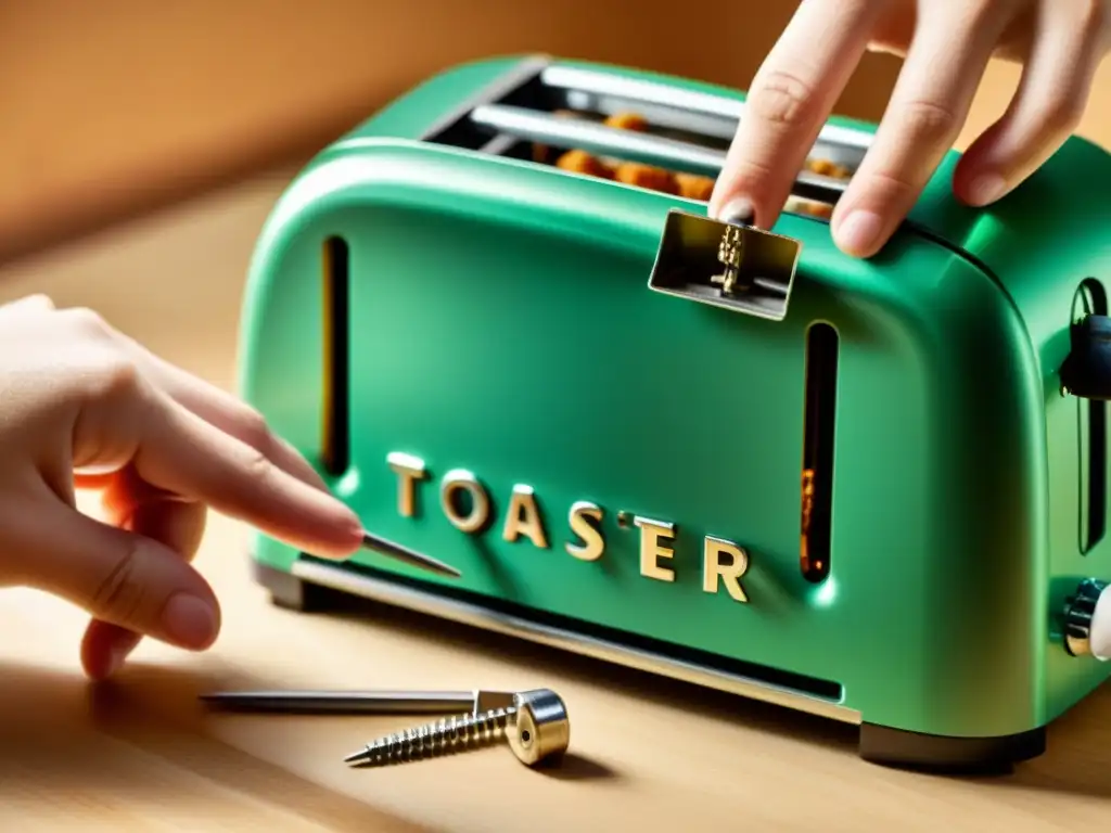 Reparación detallada de tostadora con destornillador Mano diestra y precisa usando un destornillador para reparar un tostador