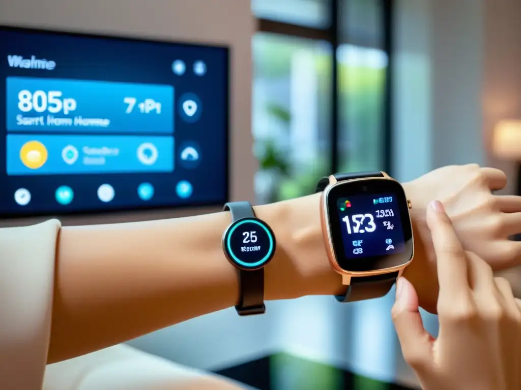 Control inteligente del hogar: ajustes futuristas desde un smartwatch Mano ajustando la domótica desde un smartwatch con tecnología wearable para control domótico en una sala moderna y elegante