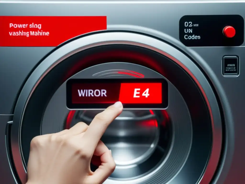 Solución de errores E2 y E4: Resolución moderna Mano resuelve errores E2 y E4 en pantalla de lavadora moderna, atmósfera informativa y visual
