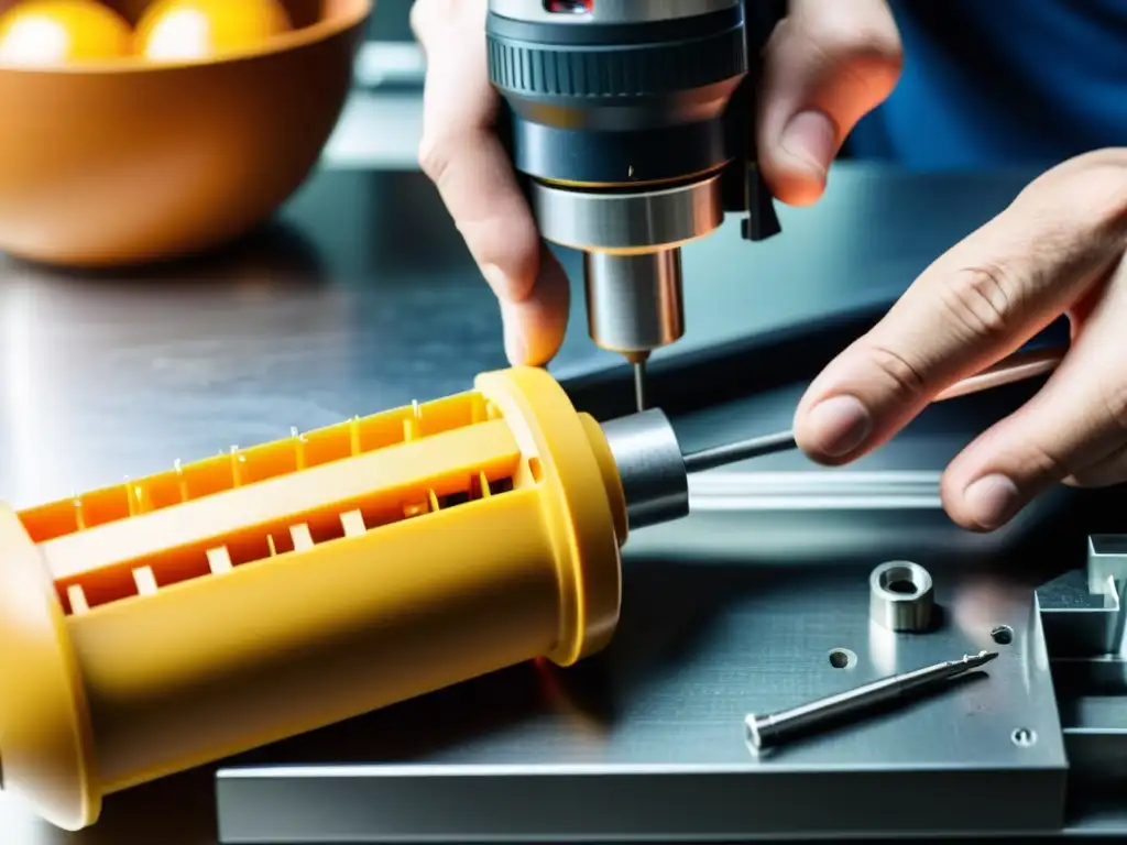 Reparación experta de procesador de alimentos con destornillador Mano experta reparando mecanismo bloqueo procesador alimentos con precisión y profesionalismo en un banco de trabajo bien iluminado