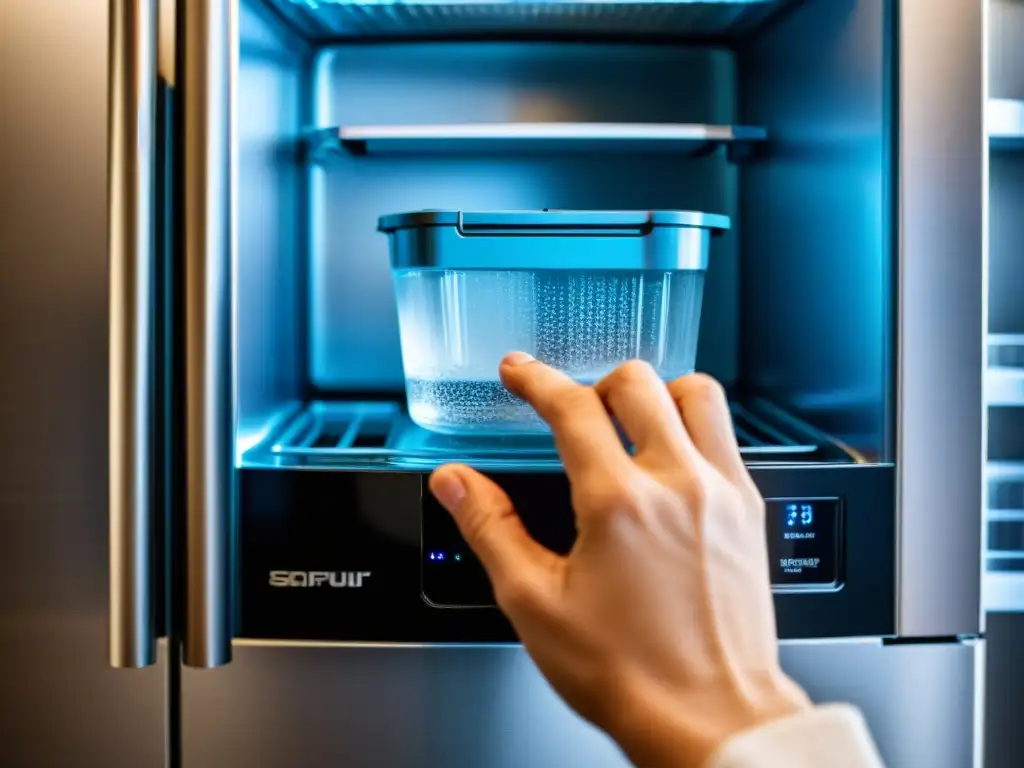 Sutileza al reemplazar filtro de agua en refrigerador moderno Mano reemplazando filtro de agua en moderno refrigerador, con gotas de agua y diseño contemporáneo