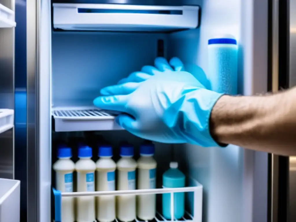 Sustitución profesional del filtro de agua en refrigerador Mano con guante azul reemplaza filtro de agua en refrigerador, ambiente moderno y profesional