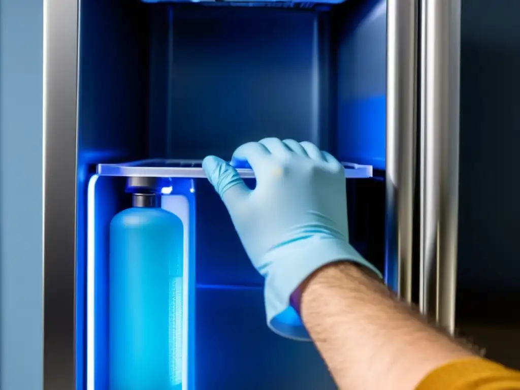 Mano experta reemplaza filtro de agua en refrigerador moderno Mano con guante azul reemplazando filtro de agua en refrigerador, luz LED da sensación de frescura y limpieza