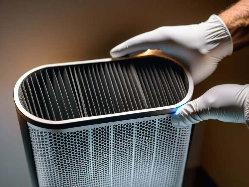 Reemplazo de filtro: Mantenimiento crucial para purificadores de aire Mano con guante saca filtro sucio de purificador aire moderno, destacando importancia del cambio filtros purificadores aire