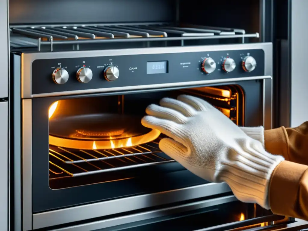 Desmontaje profesional de horno moderno Mano con guante desmontando con precisión el interior de un horno moderno, mostrando sus detalles y tecnología