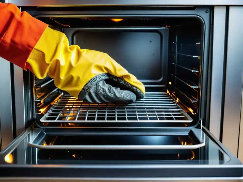 Mano con guante quitando rejillas de horno Mano con guante quitando rejillas de horno moderno para restauración función autolimpieza