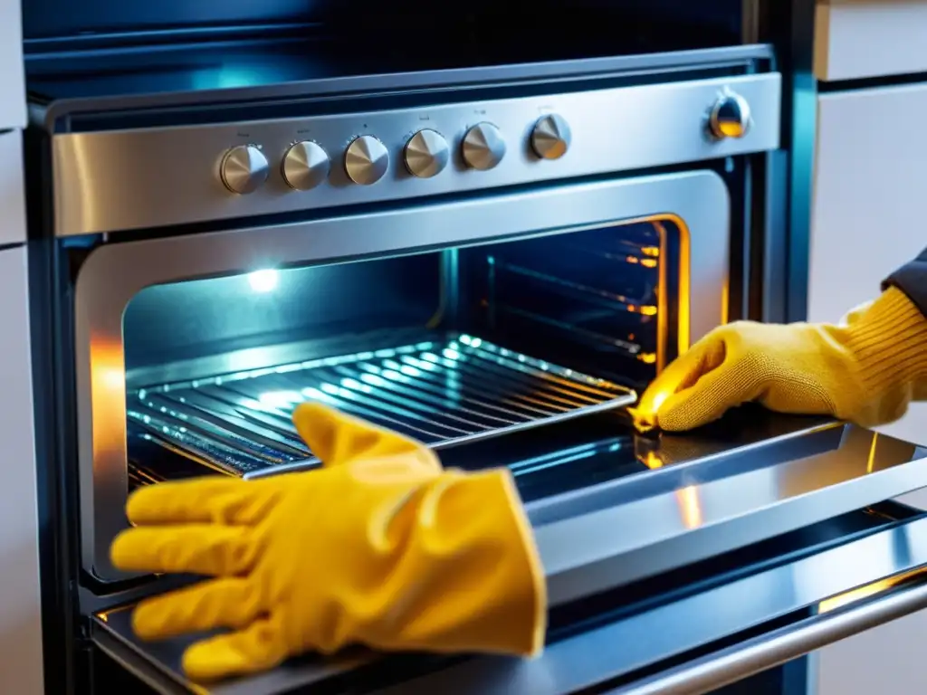 Mano con guante desenrosca luz de horno con precisión Mano con guante desenroscando tapa luz interior horno seguro, precisión y cuidado en el cambio