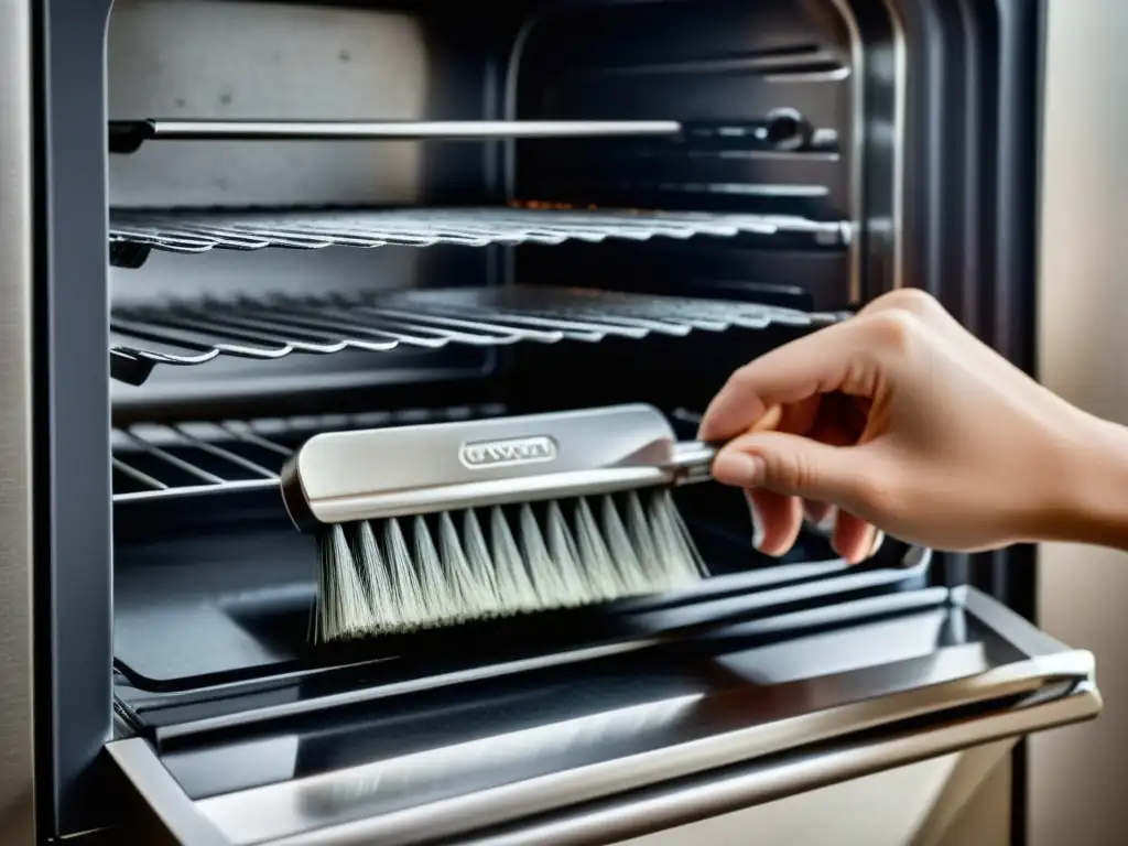Detalle meticuloso: limpieza profunda del horno con cepillo de alambre Mano que restaura función autolimpieza horno, limpiando con meticulosidad cada rincón del interior brillante y reluciente