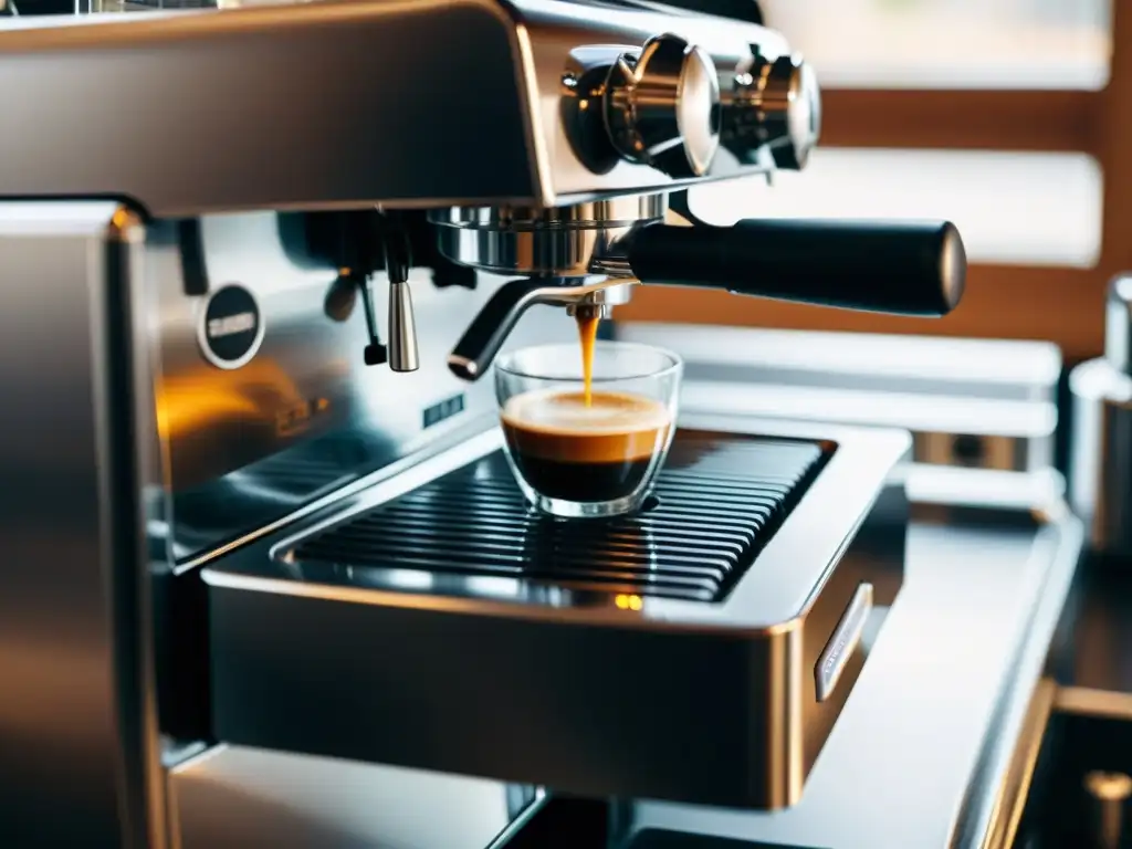 Limpieza detallada de máquina de espresso Una mano limpia con cuidado el interior de una elegante máquina de café, revelando su diseño intrincado y superficies de metal pulido