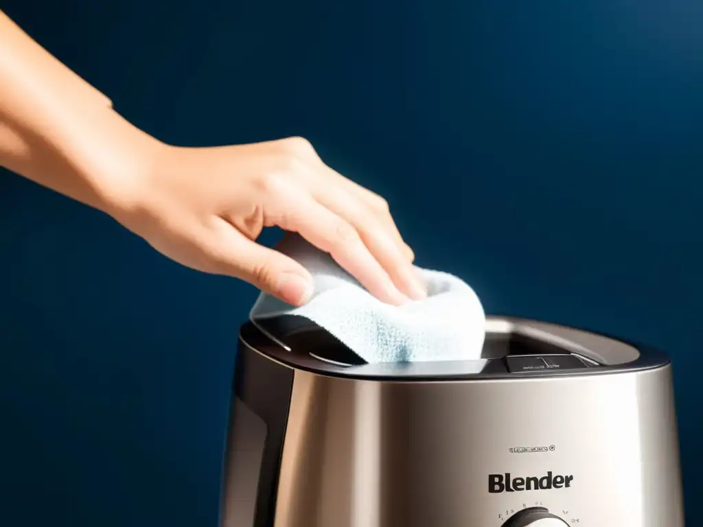 Pulido meticuloso de un moderno y reluciente licuadora de acero inoxidable Mano limpia con detalle la moderna batidora, resaltando su diseño y mostrando cuidado en la limpieza profunda para prolongar su vida útil