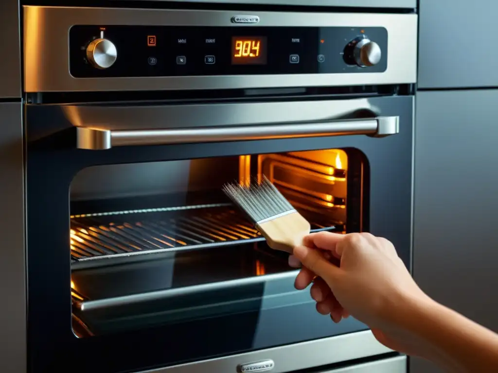 Limpieza detallada: Restaurando el horno moderno Mano detalladamente limpia el interior de un horno moderno, resaltando la restauración función autolimpieza horno