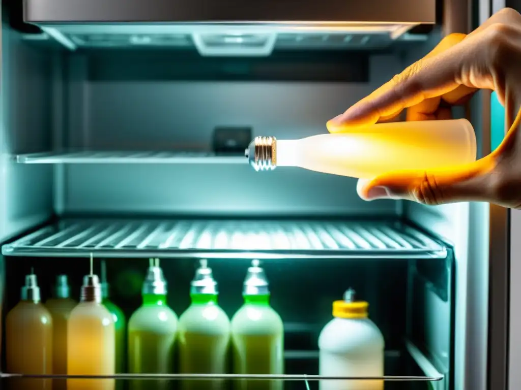Sustitución profesional de bombilla LED en refrigerador Mano reemplazando luces LED nevera con enfoque detallado y profesional, resaltando la modernidad en el proceso