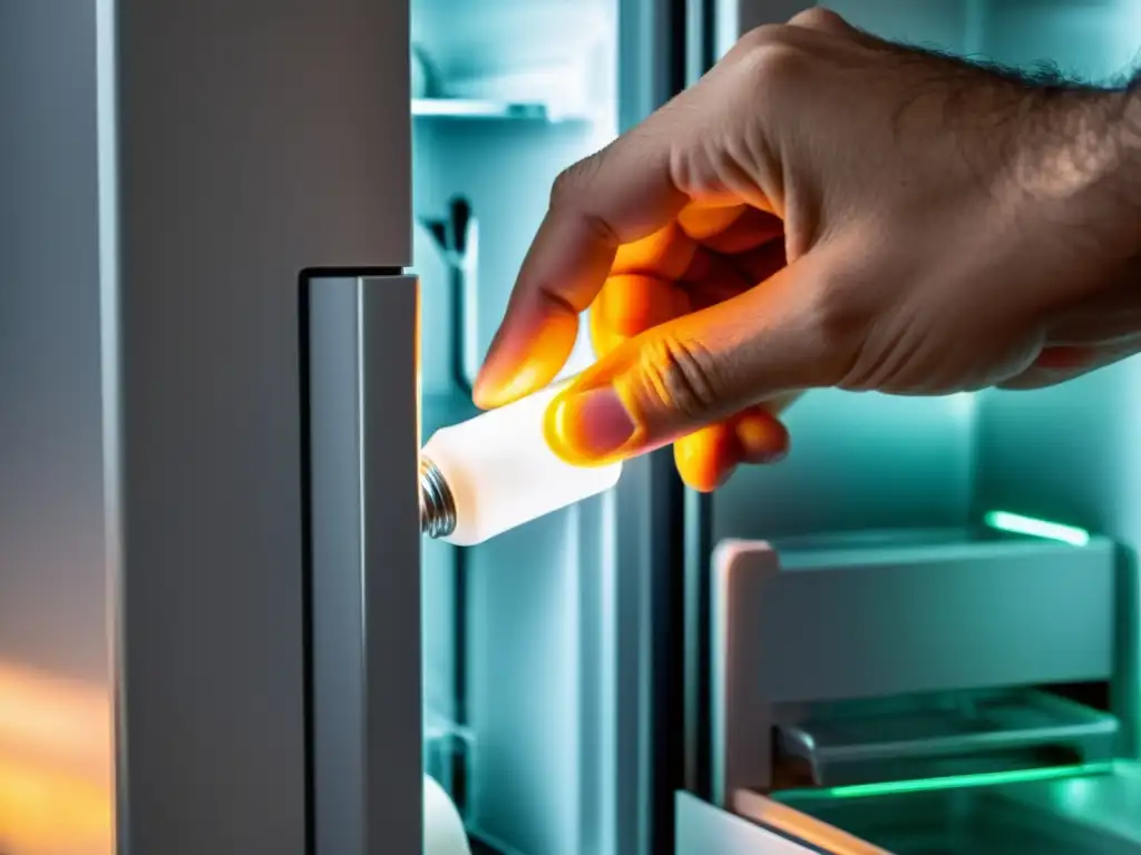 Sustitución profesional de LED en refrigerador Mano reemplazando la luz LED en la nevera, con un brillo moderno y eficiencia profesional