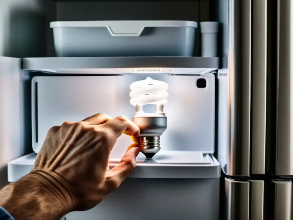 Sustitución profesional de bombilla LED en refrigerador Mano reemplazando la luz LED de la nevera, detalle del proceso
