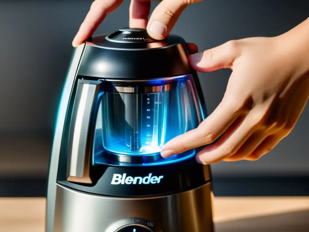 Activando la potencia: mano enciende elegante licuadora Mano encendiendo moderna batidora, reflejos de acero inoxidable